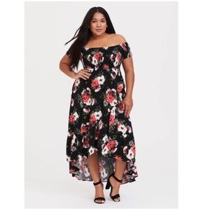 Torrid Black Floral Hi-Lo, Off-the-Shoulder Dress, Sz 2x, fits 18/20